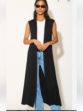 Sleeveless Long Open Front Duster - Black